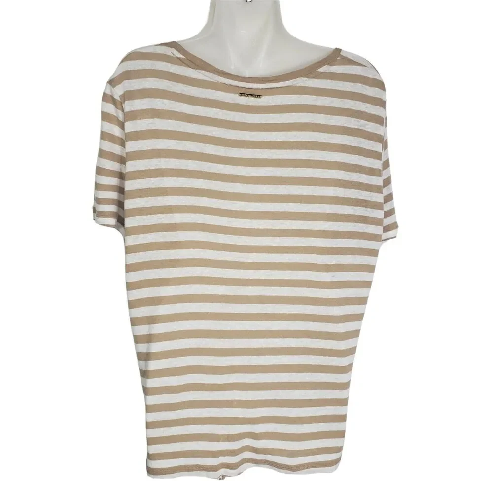 Michael Kors Women's Top Large Striped Linen Blend Beige Front Tie Short Sleeve